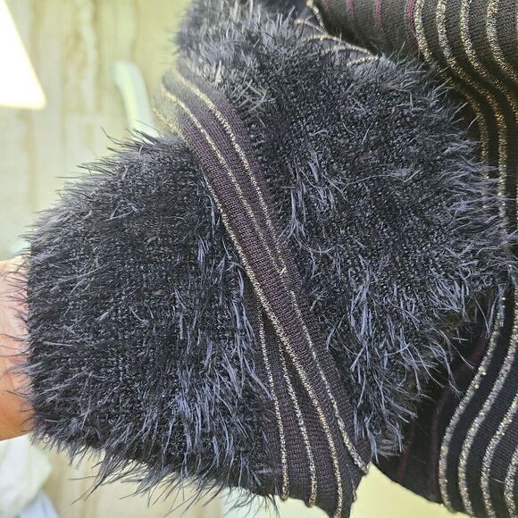 Just Taylor Black Knit‎ Sweater Dress Sz Large Fur Gold Striped Black Sheath - Picture 6 of 12
